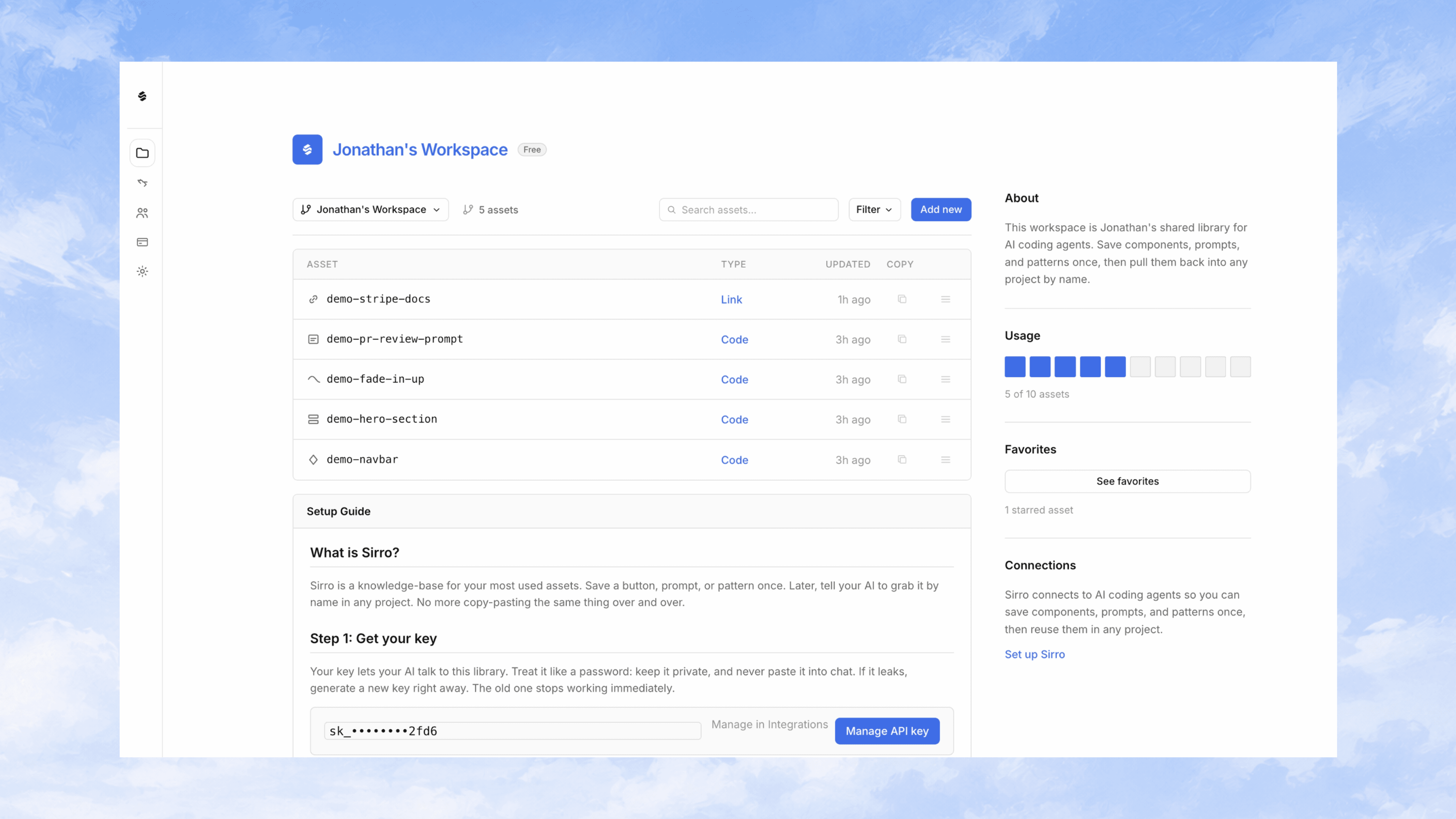 The Sirro library, listing saved components, prompts and patterns
